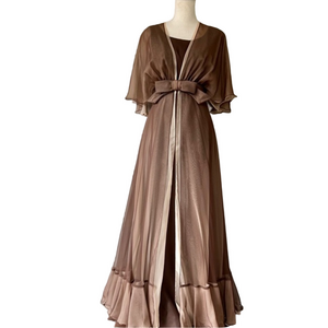Vintage 70’s Glam Chiffon Bow Front Whimsical Maxi Dress Brown Tan 2 Piece Dress